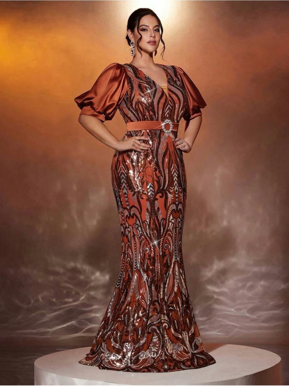 SHEIN Curve Rust Brown Sequin Maxi Dress Puff Sleeve V Neck Belted Size 2XL